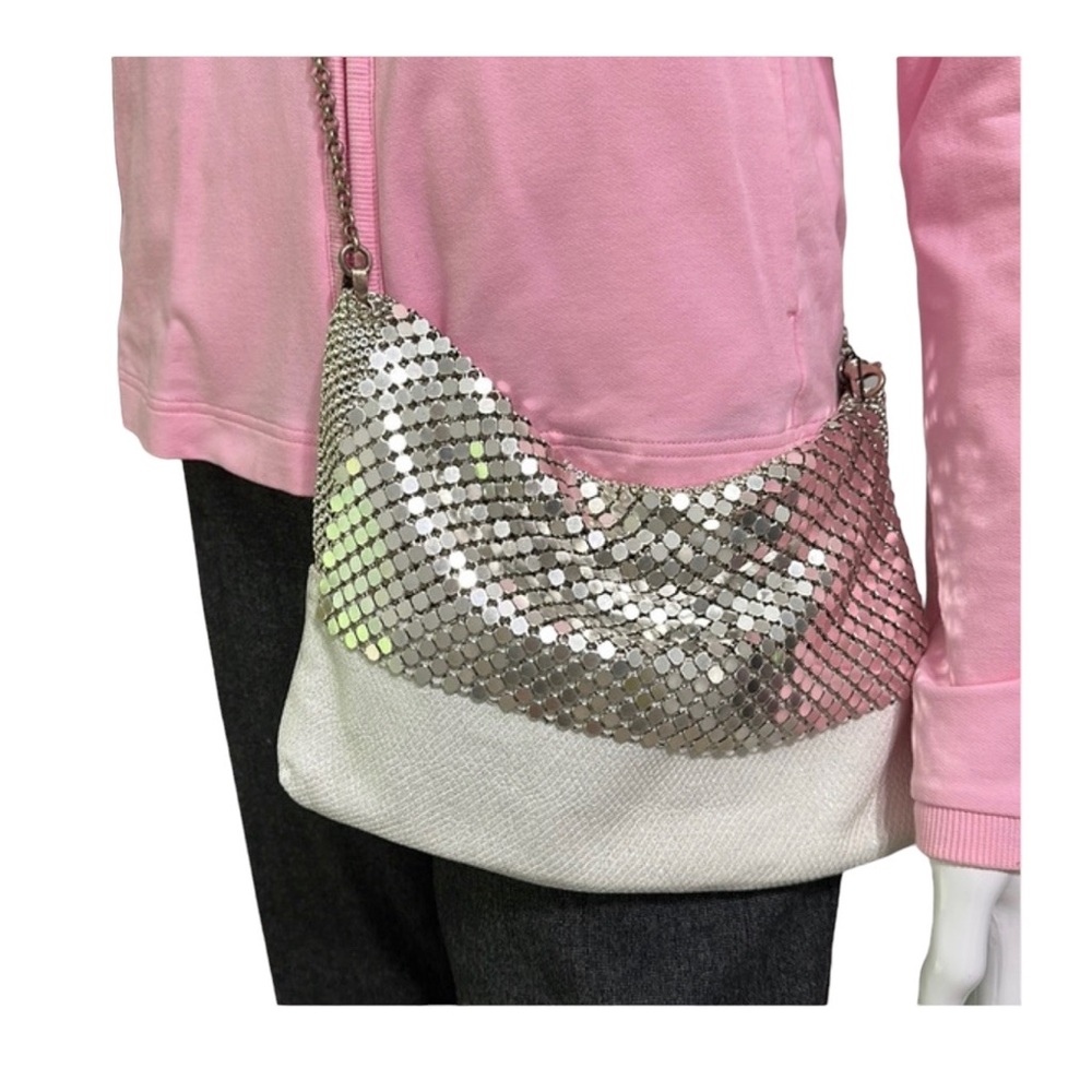 LAURA B. Silver color mesh and white leather handbag, NWT
